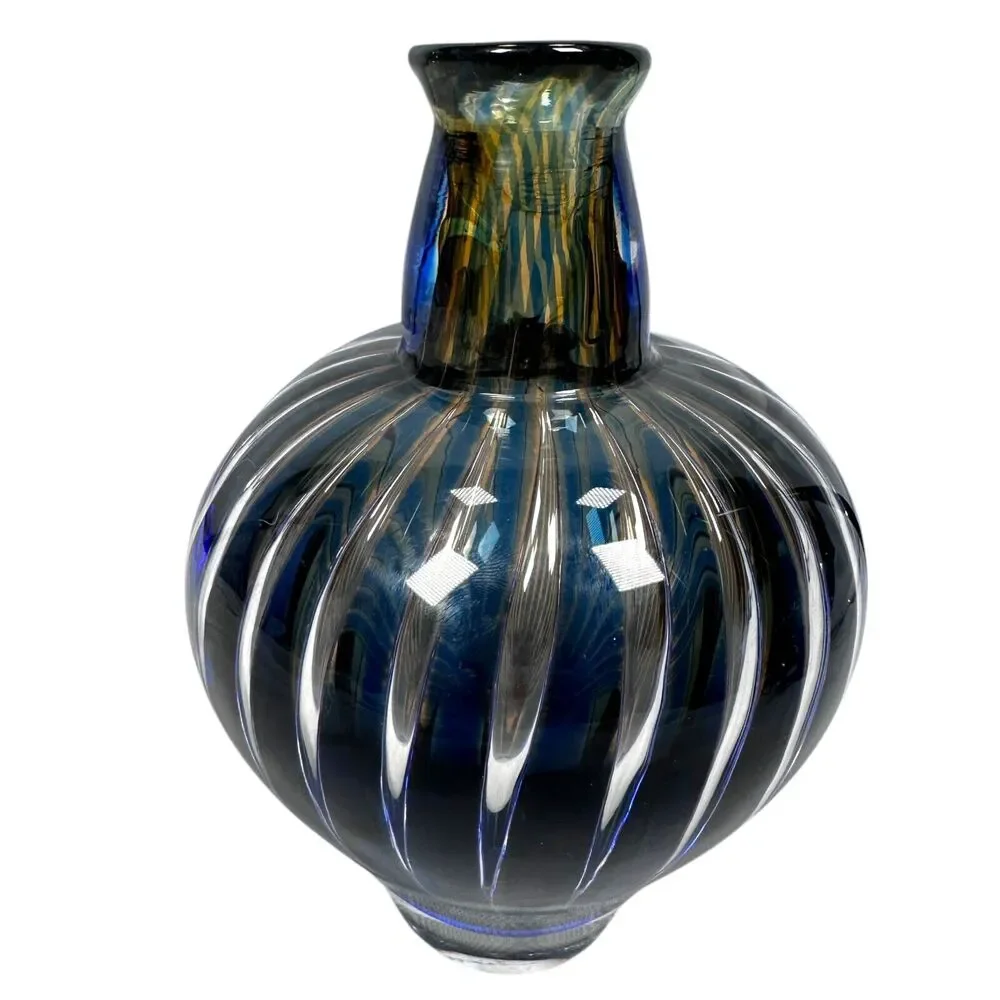 Vintage Orrefors Ariel Vase Edvin Ohrström Blue Amber Swirl Stripe Art Glass MCM